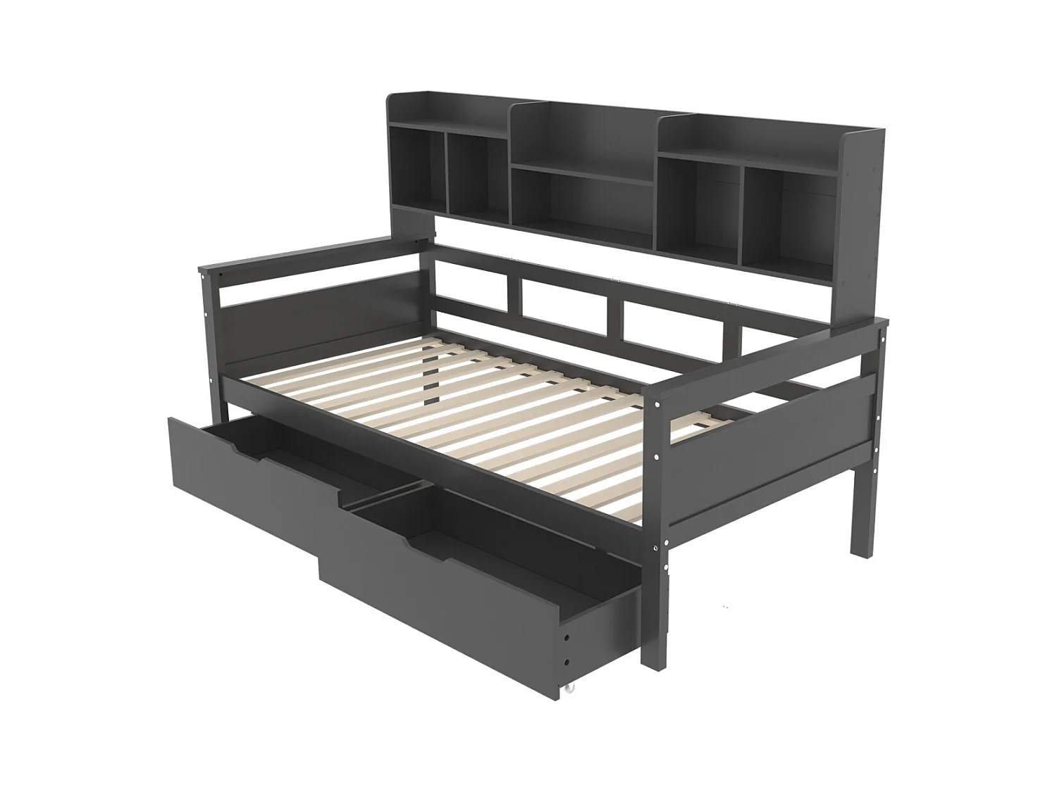 Lit combiné 90x200cm, lit simple enfant avec 2 tiroirs et étagères de rangement, sommier à lattes, lit en bois massif, gris