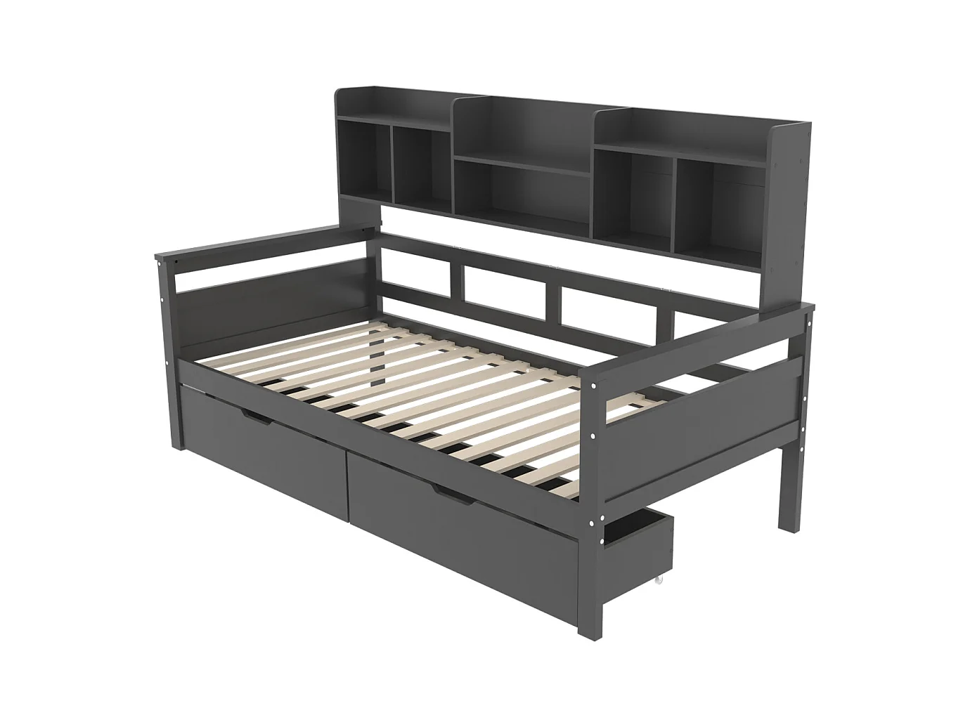 Lit combiné 90x200cm, lit simple enfant avec 2 tiroirs et étagères de rangement, sommier à lattes, lit en bois massif, gris