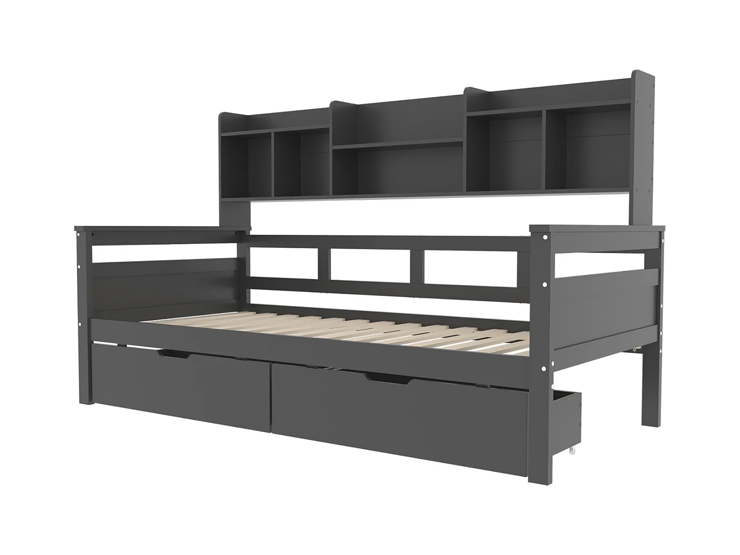 Lit combiné 90x200cm, lit simple enfant avec 2 tiroirs et étagères de rangement, sommier à lattes, lit en bois massif, gris