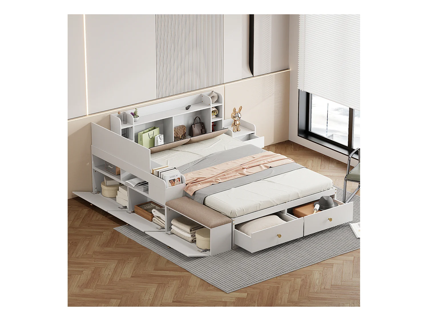 Lit Combiné en Bois Massif - 140x200cm - Tête de lit avec rangement - avec Tiroirs, Table de nuit, Banquette de canapé