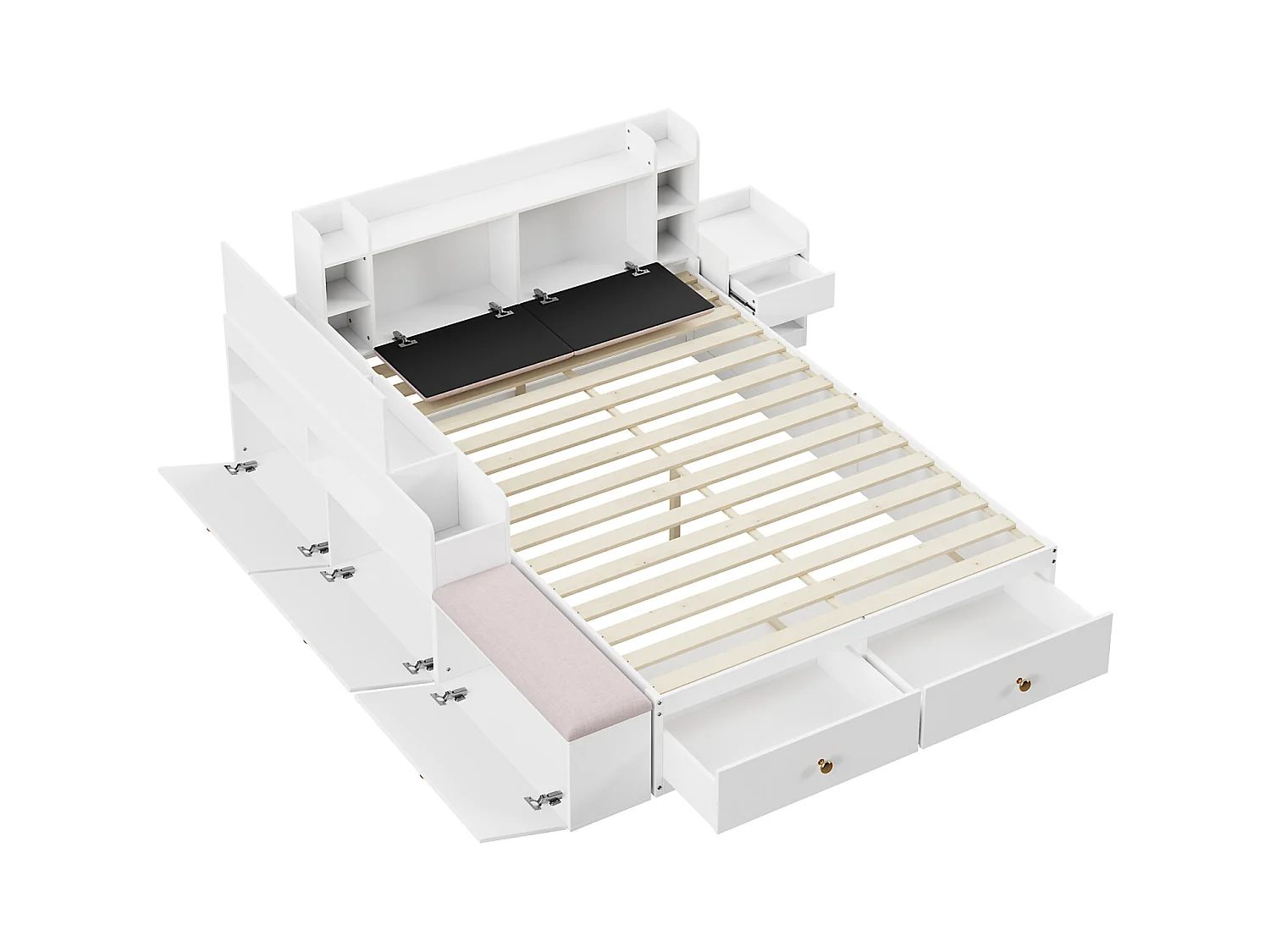Lit Combiné en Bois Massif - 140x200cm - Tête de lit avec rangement - avec Tiroirs, Table de nuit, Banquette de canapé