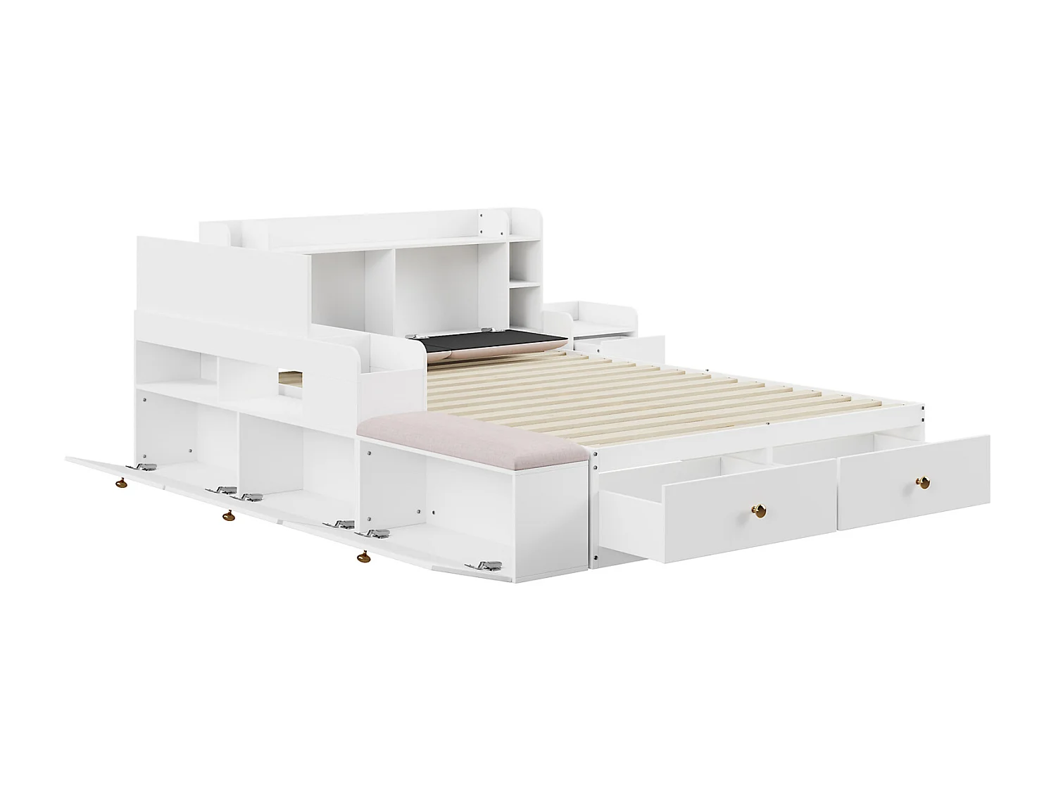 Lit Combiné en Bois Massif - 140x200cm - Tête de lit avec rangement - avec Tiroirs, Table de nuit, Banquette de canapé