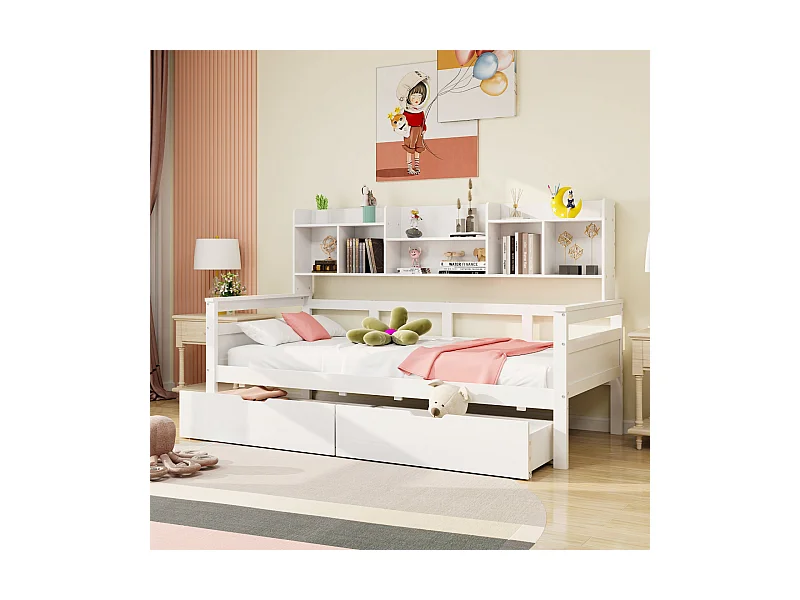 Kombibett 90x200cm, Einzel-Kinderbett mit 2 Schubladen und Ablageflächen, Lattenrost, Massivholzbett, weiß