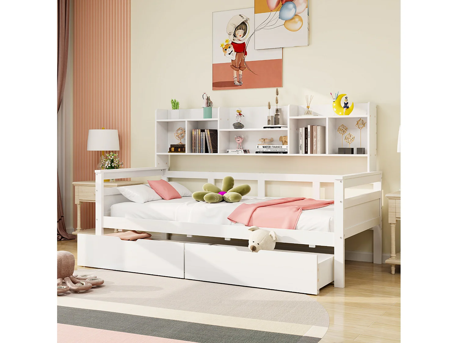 Cama combinada 90x200cm, cama de solteiro para criança com 2 gavetas e prateleiras de arrumação, estrado de ripas, cama de madeira maciça, branco