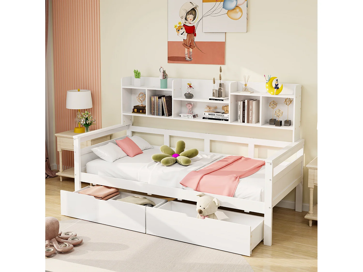 Cama combinada 90x200cm, cama de solteiro para criança com 2 gavetas e prateleiras de arrumação, estrado de ripas, cama de madeira maciça, branco