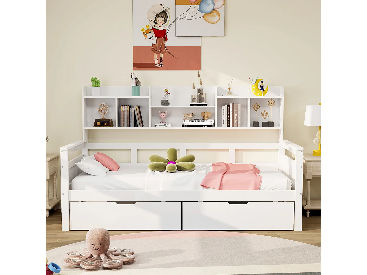 Cama combinada 90x200cm, cama de solteiro para criança com 2 gavetas e prateleiras de arrumação, estrado de ripas, cama de madeira maciça, branco