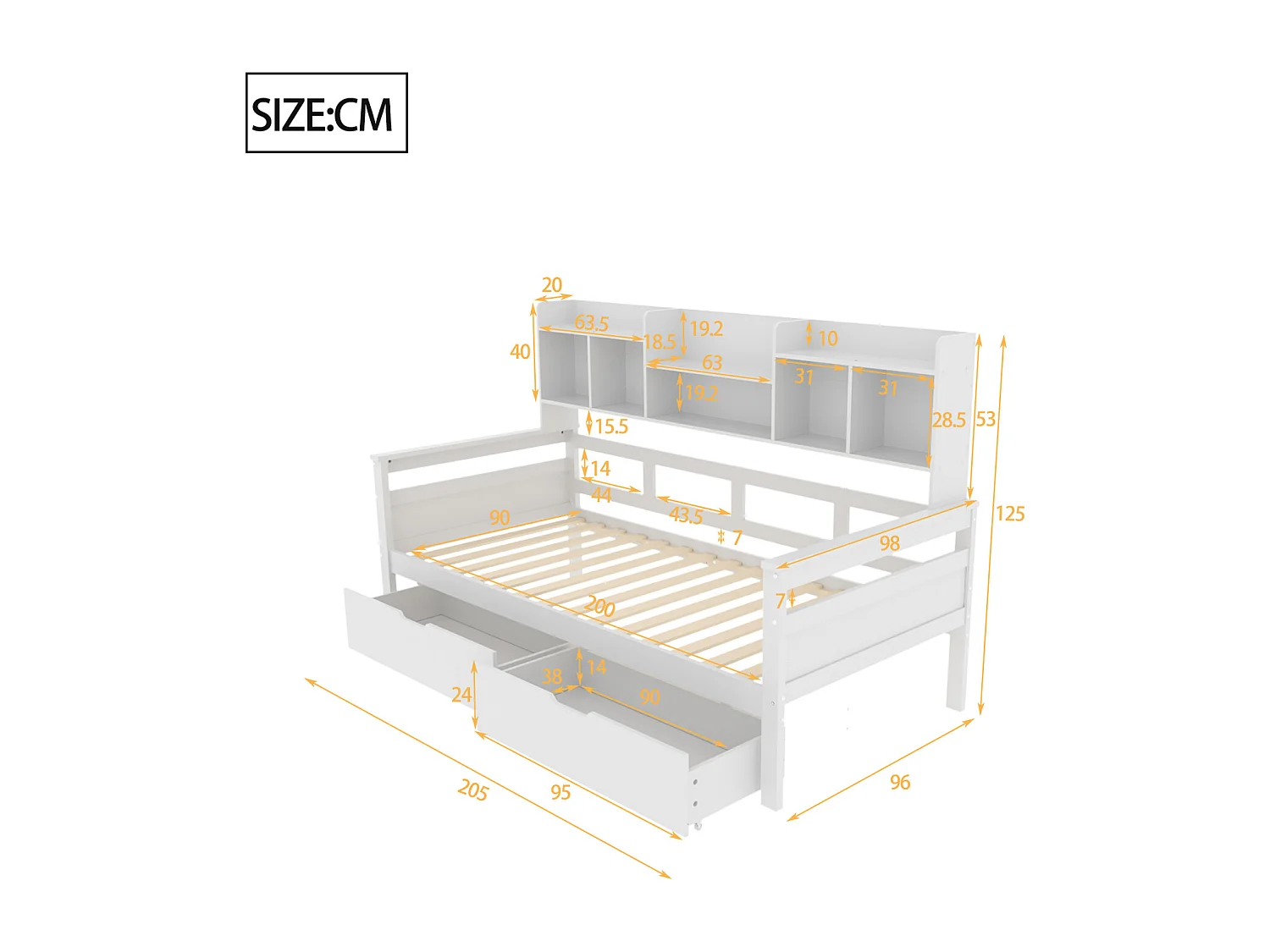 Cama combinada 90x200cm, cama de solteiro para criança com 2 gavetas e prateleiras de arrumação, estrado de ripas, cama de madeira maciça, branco