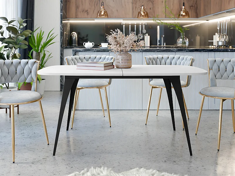 Table Oswego 131, Noir|Blanc, 76x90x160cm, Allongement, Stratifié, Métal