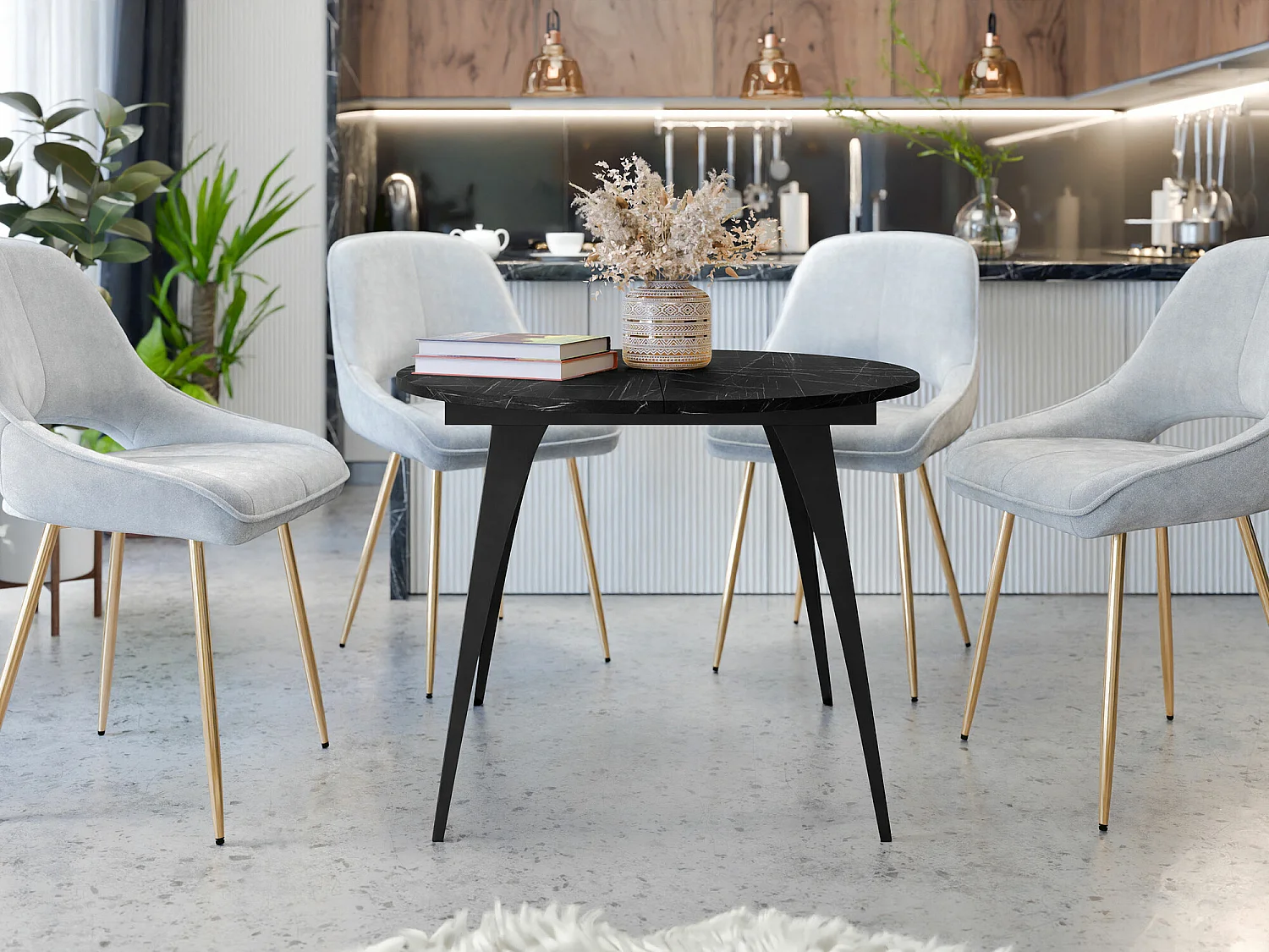 Mesa Oswego 132, Negro|Mármol negro, 76cm, Alargamiento, Aglomerado laminado, Metal