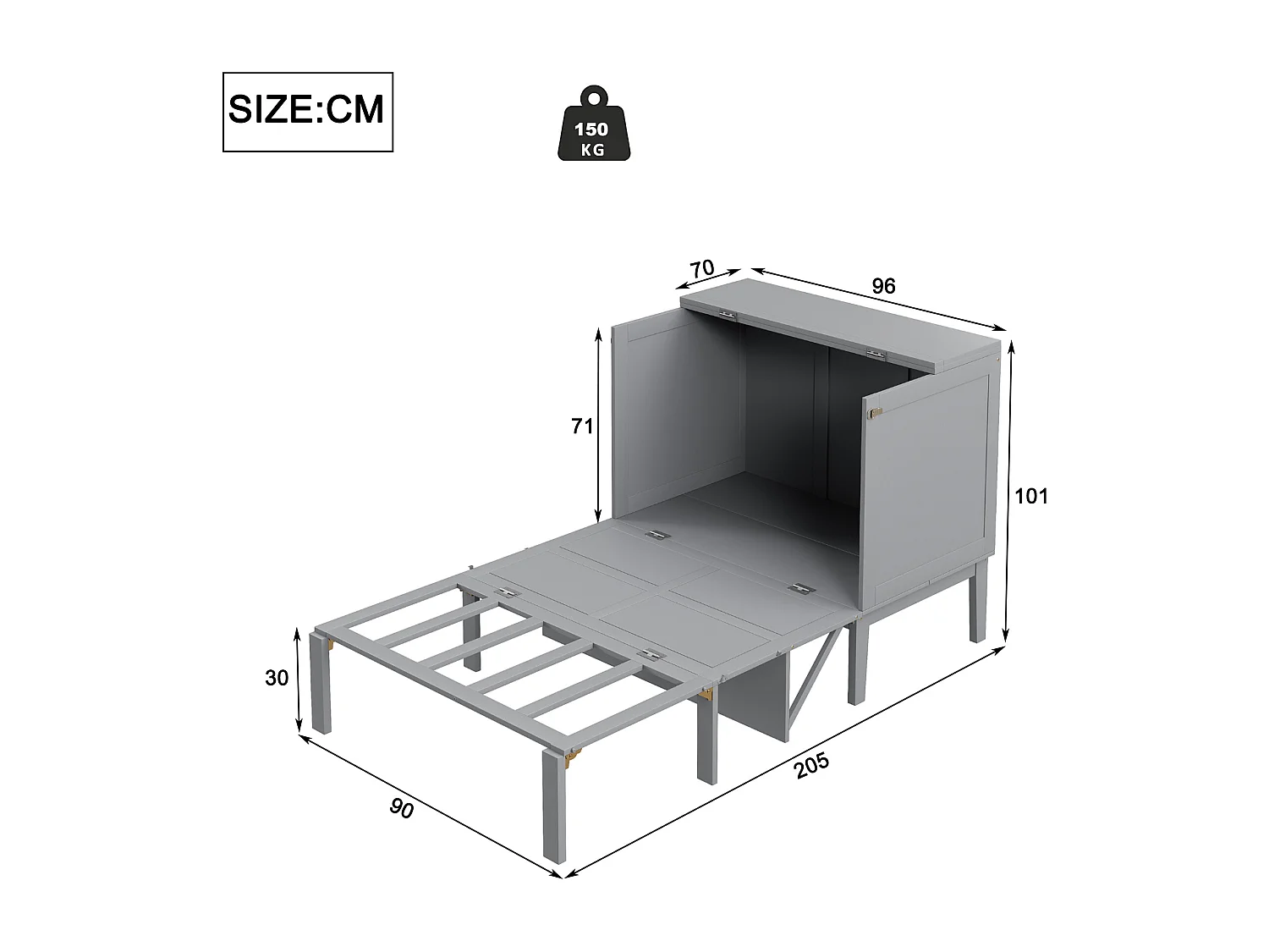 Bedkast 90x200 cm, met lattenbodem, opklapbaar bedkast, afmetingen na opvouwen: 70x90cm, zonder matras, hout, grijs