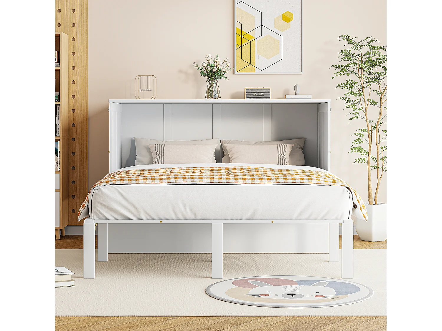 Ausziehbares Bett 140x200 cm, mit Lattenrost, klappbares Schrankbett, Maße nach dem Zusammenklappen: 70x140cm, ohne Matratze, Holz, weiß