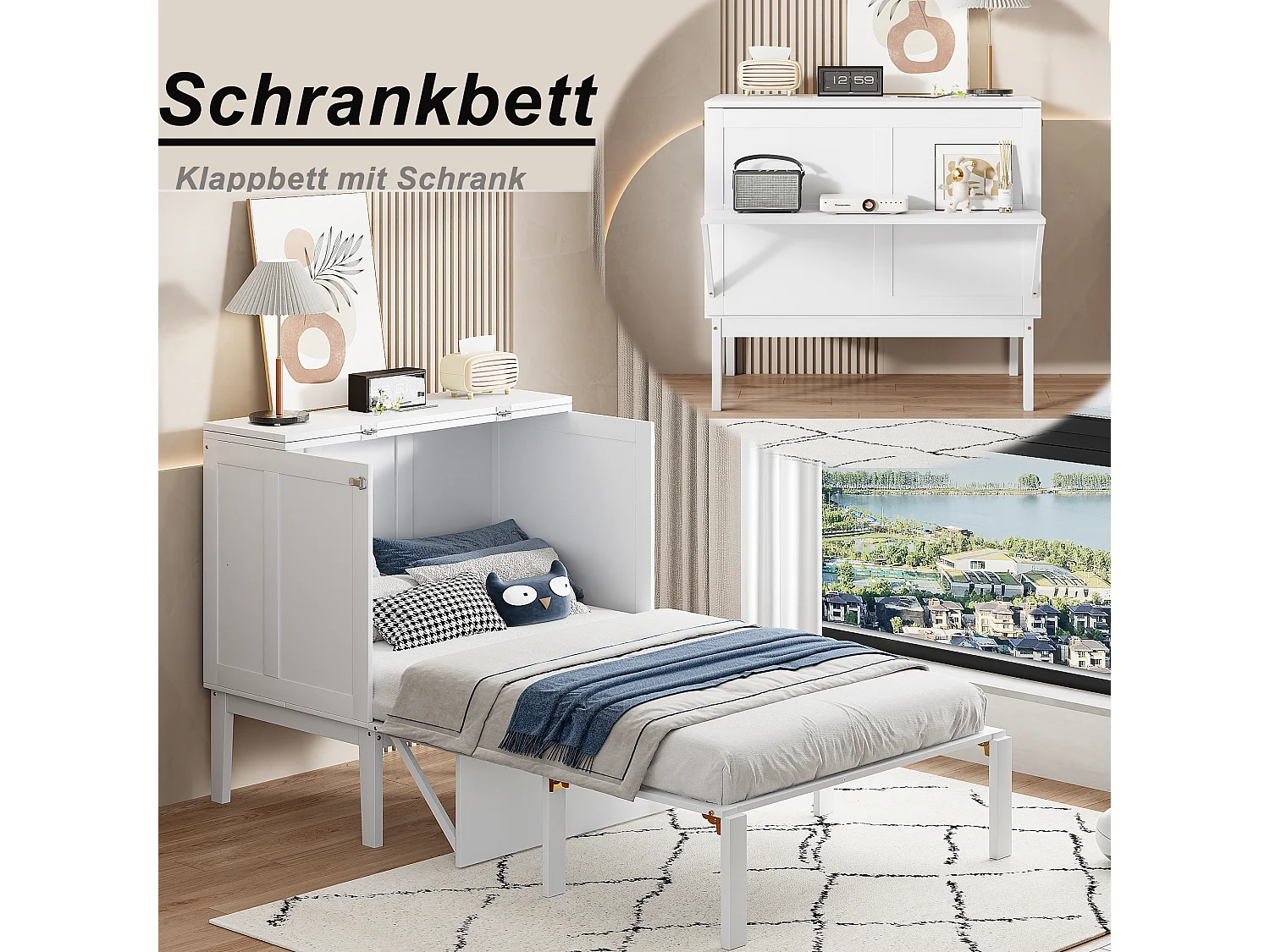 Bedkast 90x200 cm, met lattenbodem, opklapbaar bedkast, afmetingen na opvouwen: 70x90cm, zonder matras, hout, wit