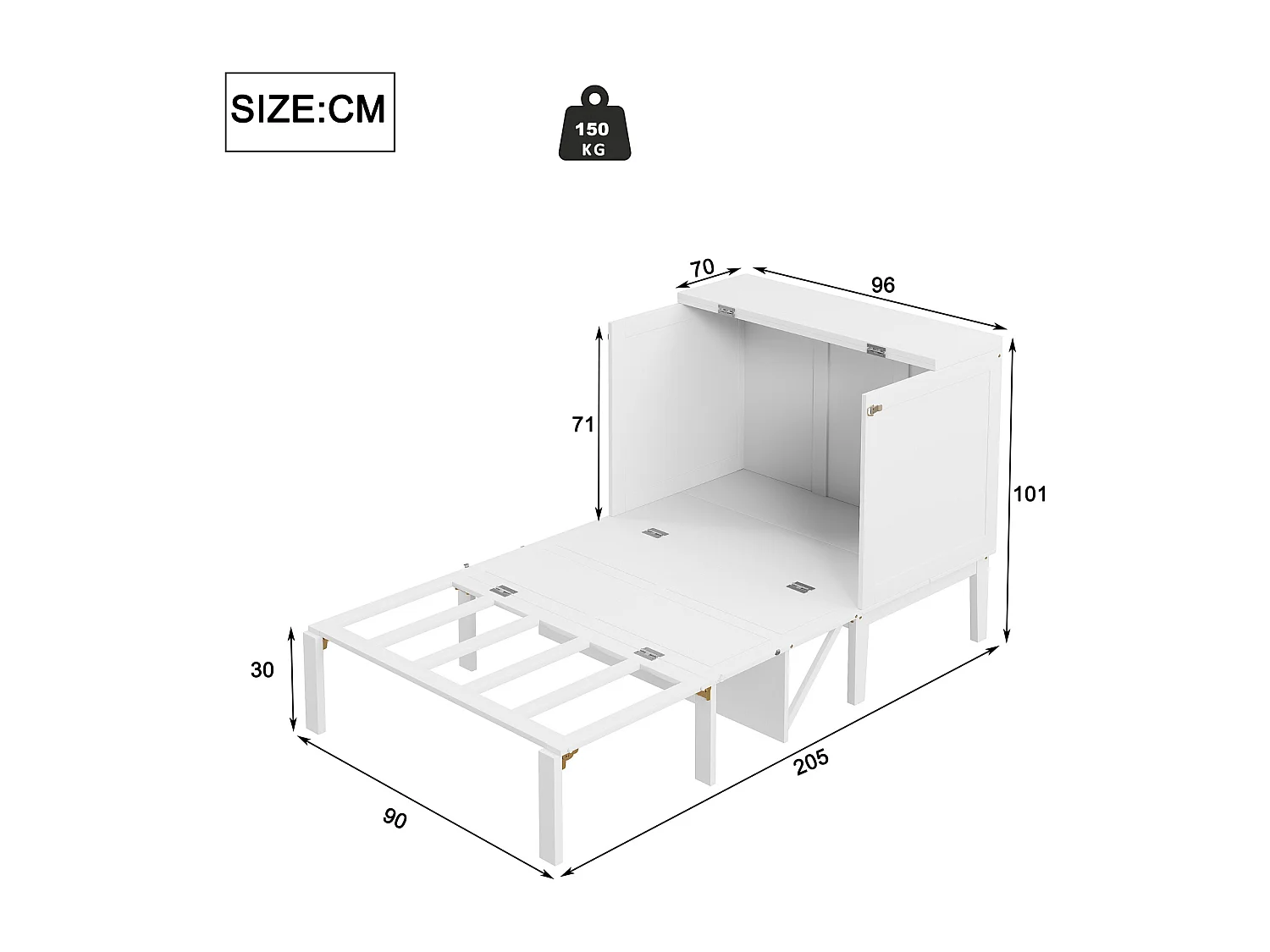 Bedkast 90x200 cm, met lattenbodem, opklapbaar bedkast, afmetingen na opvouwen: 70x90cm, zonder matras, hout, wit