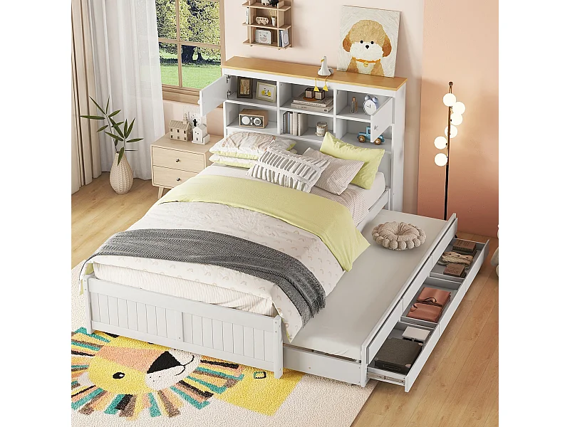 Letto estraibile 140x200cm+90x190cm, con 3 cassetti, con rete a doghe e testiera con diversi vani contenitore, bianco