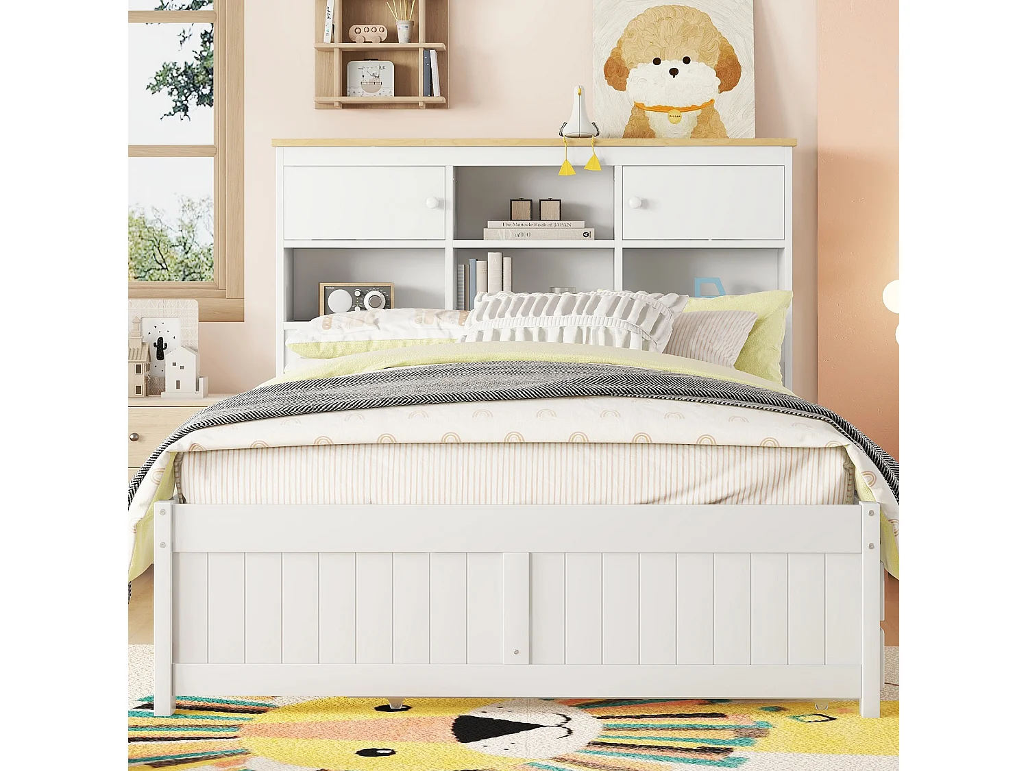 Letto estraibile 140x200cm+90x190cm, con 3 cassetti, con rete a doghe e testiera con diversi vani contenitore, bianco