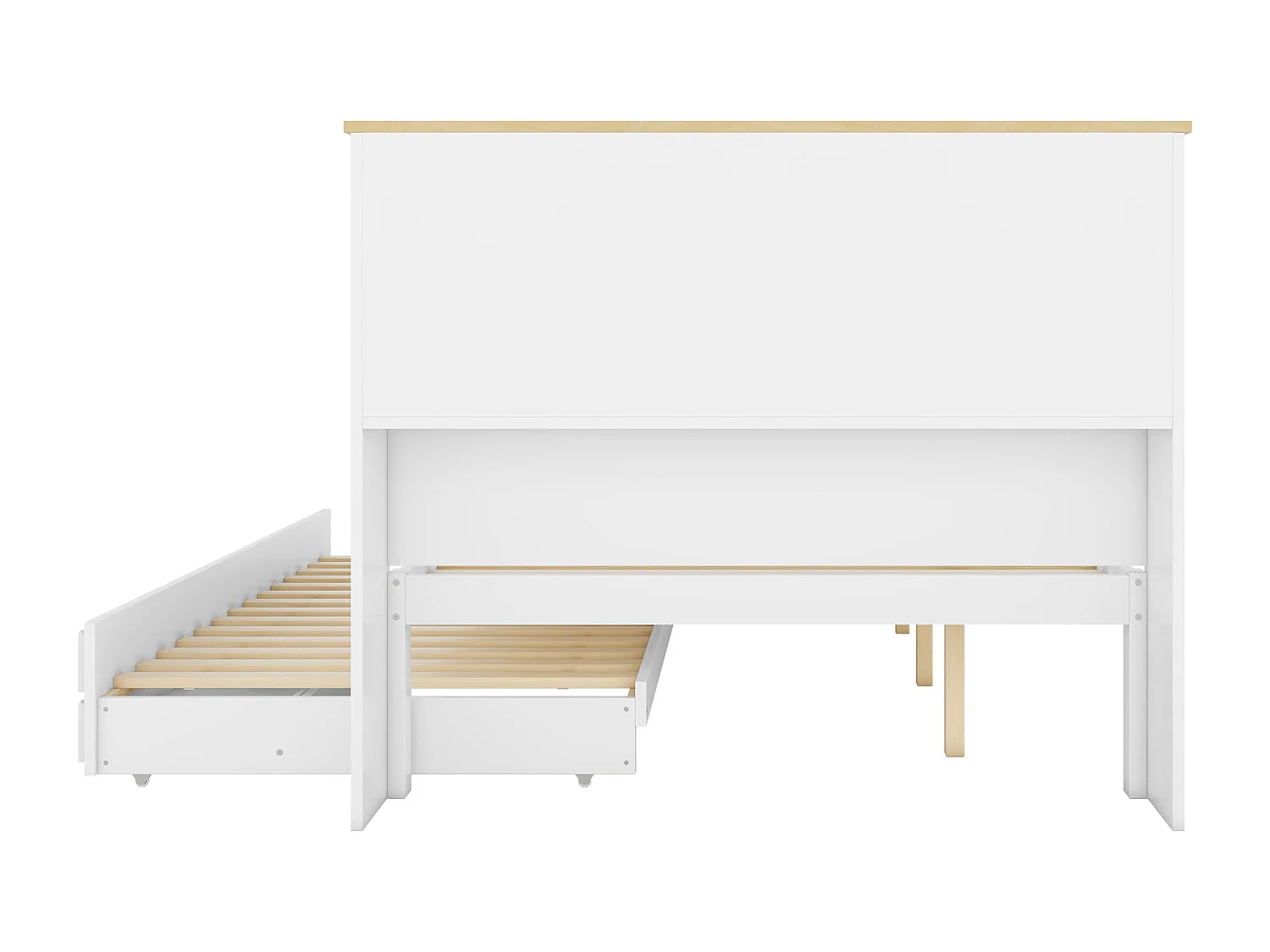 Letto estraibile 140x200cm+90x190cm, con 3 cassetti, con rete a doghe e testiera con diversi vani contenitore, bianco