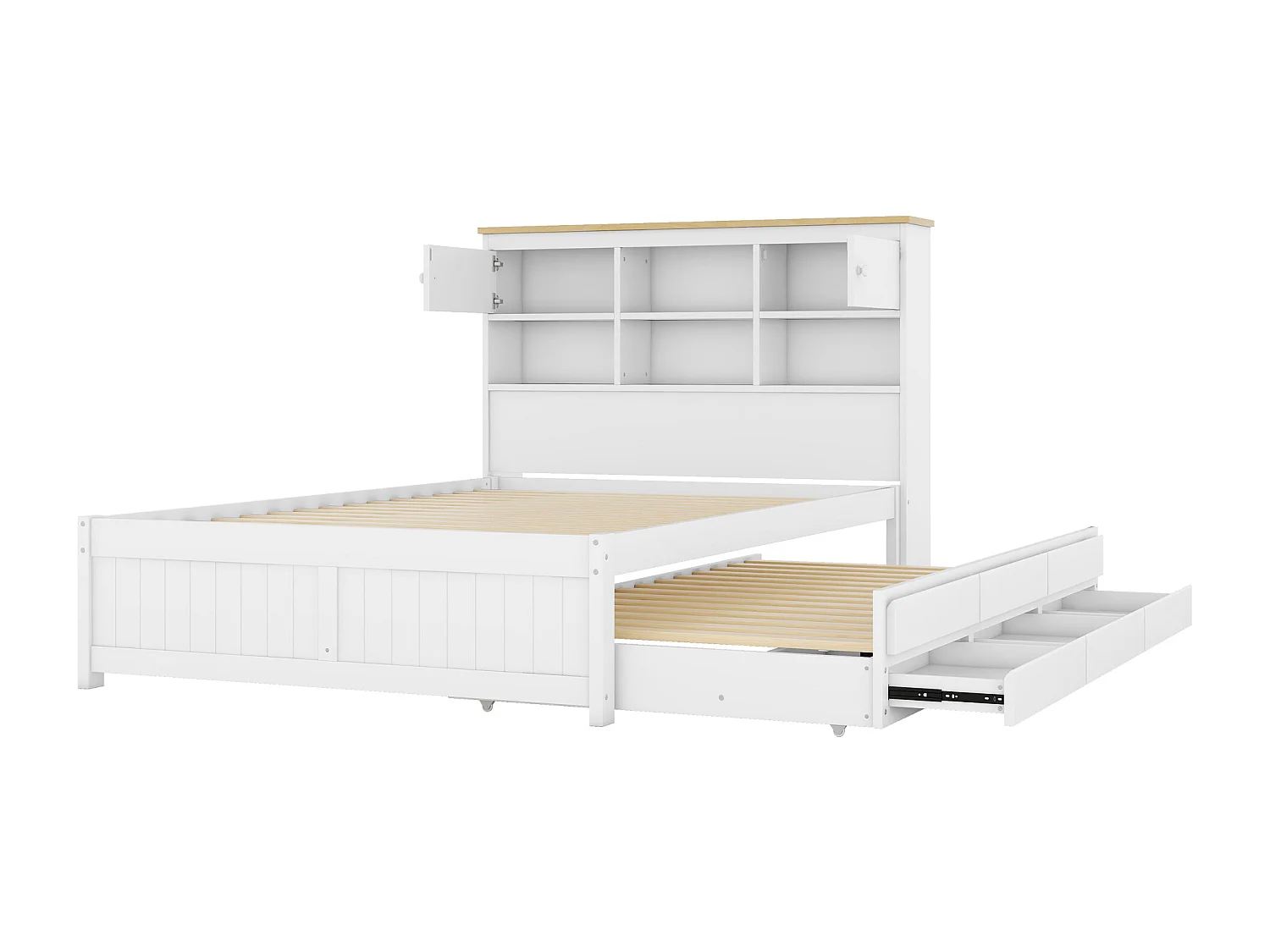 Letto estraibile 140x200cm+90x190cm, con 3 cassetti, con rete a doghe e testiera con diversi vani contenitore, bianco