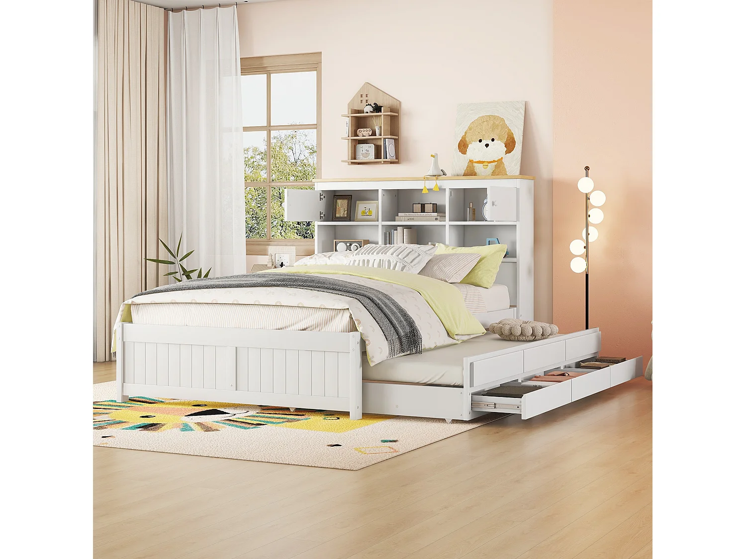 Letto estraibile 140x200cm+90x190cm, con 3 cassetti, con rete a doghe e testiera con diversi vani contenitore, bianco