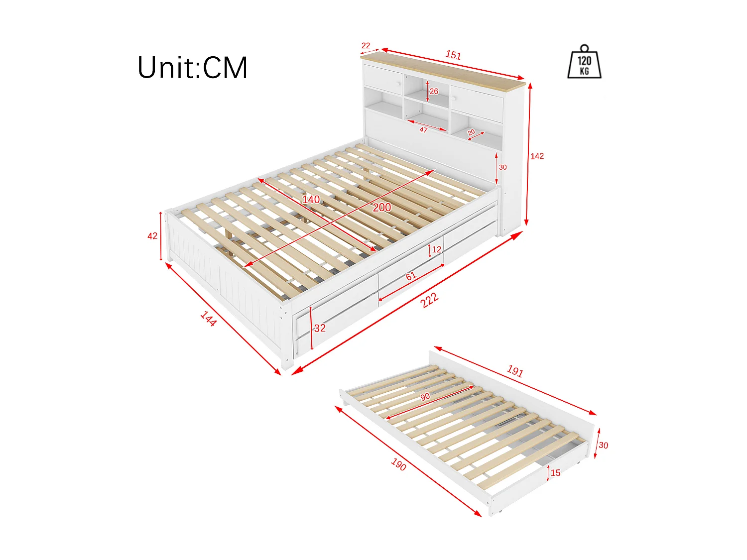 Letto estraibile 140x200cm+90x190cm, con 3 cassetti, con rete a doghe e testiera con diversi vani contenitore, bianco