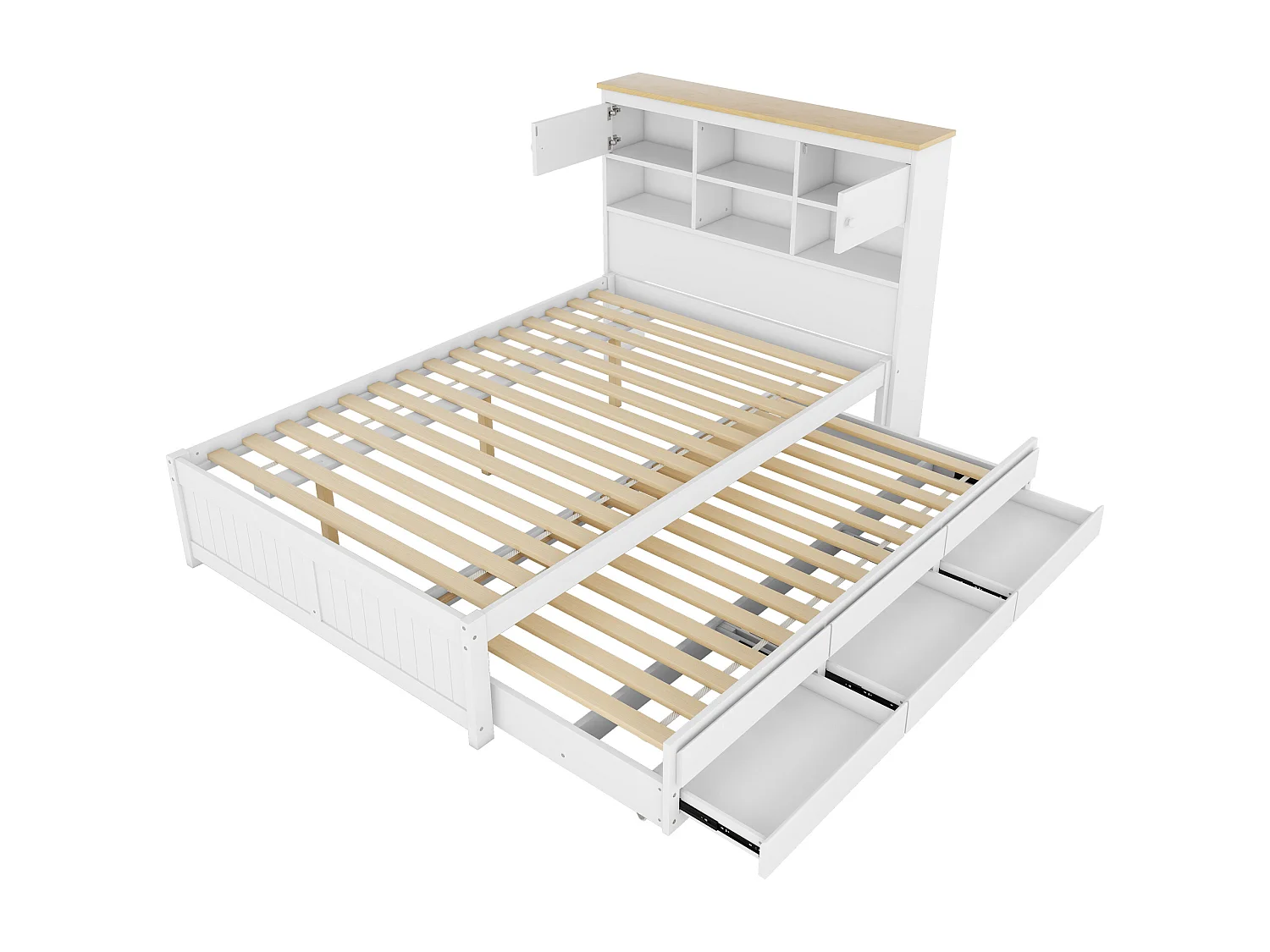 Letto estraibile 140x200cm+90x190cm, con 3 cassetti, con rete a doghe e testiera con diversi vani contenitore, bianco