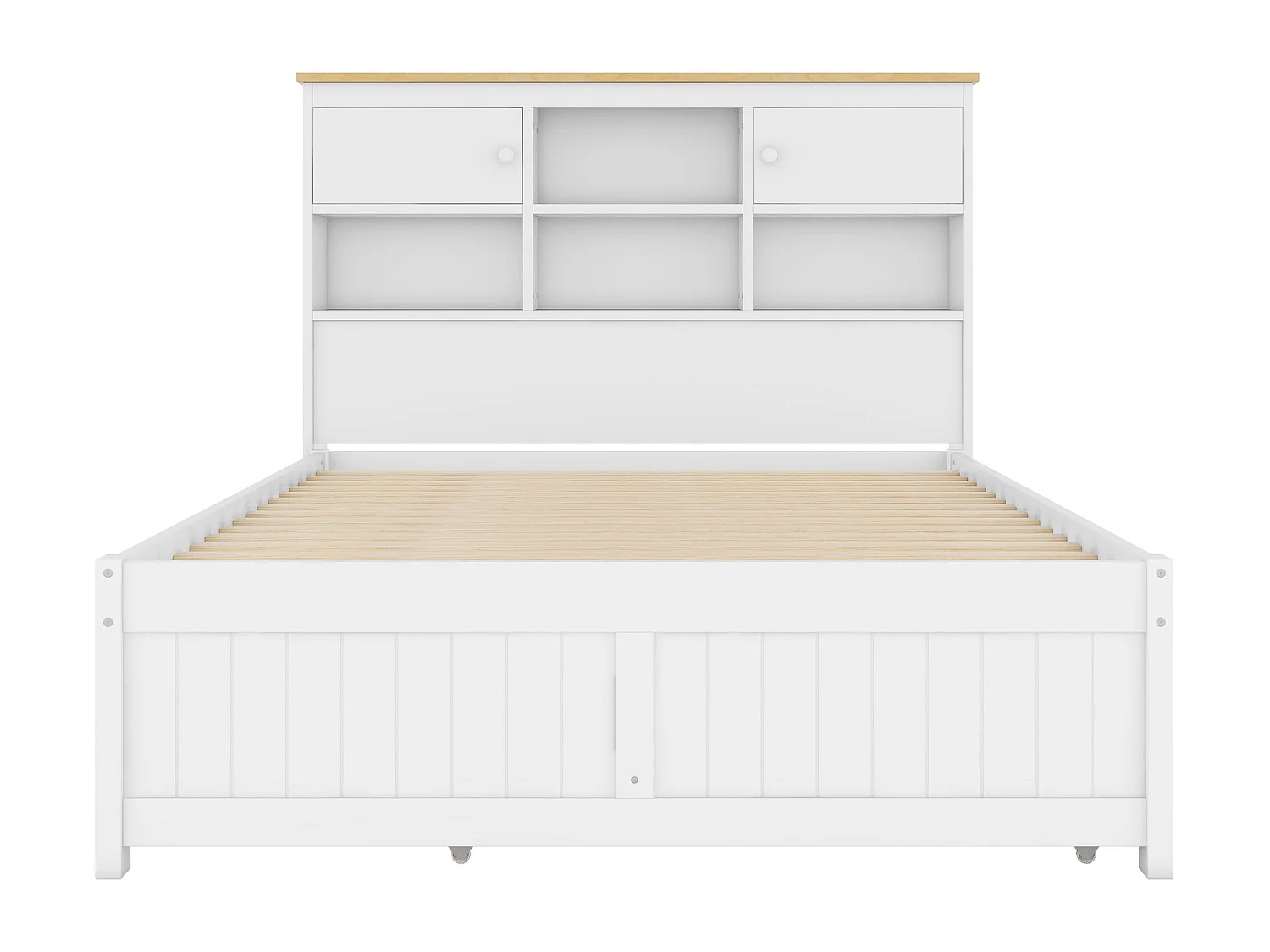 Letto estraibile 140x200cm+90x190cm, con 3 cassetti, con rete a doghe e testiera con diversi vani contenitore, bianco