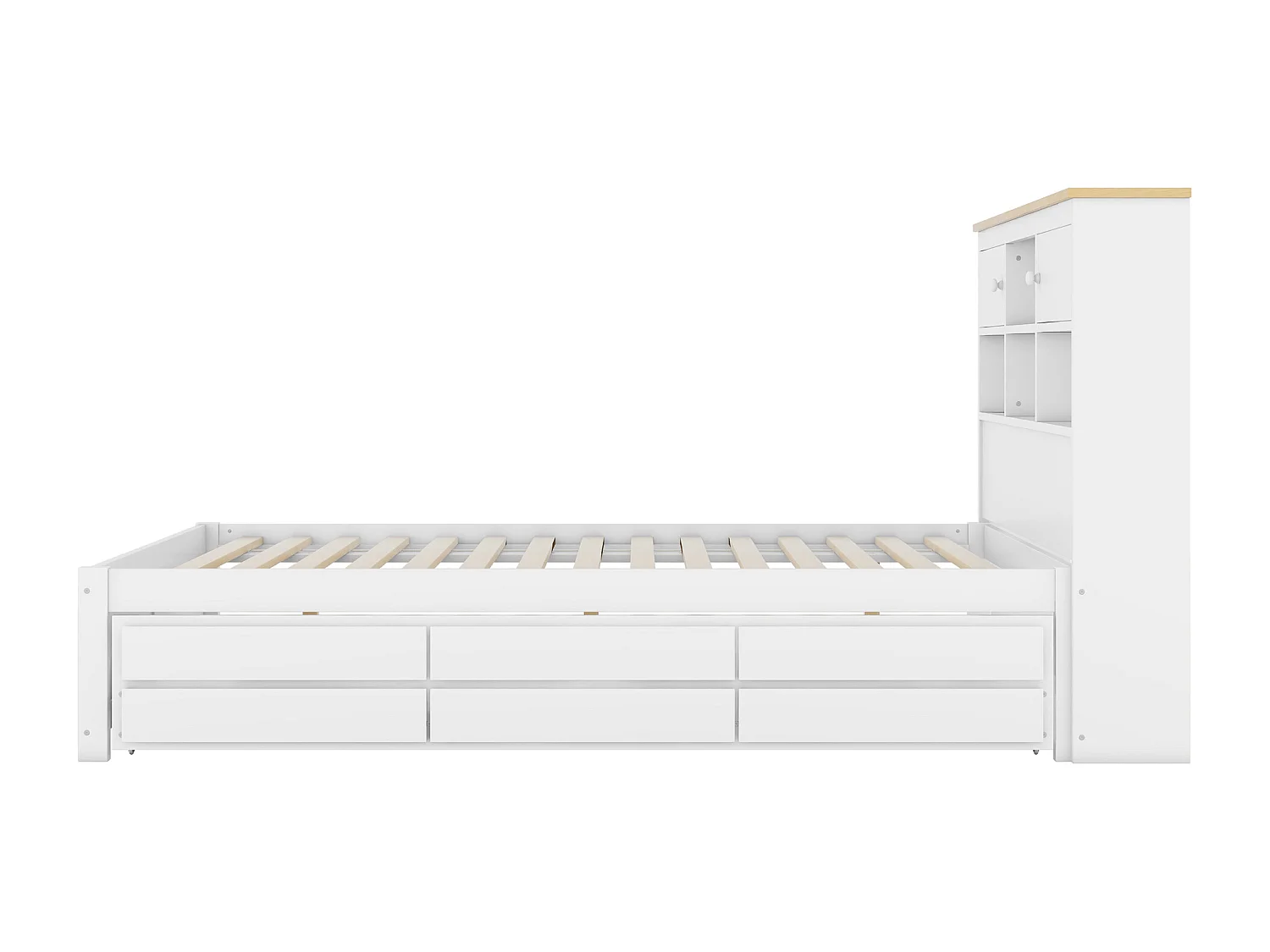 Letto estraibile 140x200cm+90x190cm, con 3 cassetti, con rete a doghe e testiera con diversi vani contenitore, bianco