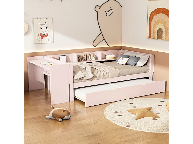 Cama de rodízio 90x200cm+90x180cm, com pequena secretária, três prateleiras na lateral da cama, cor-de-rosa
