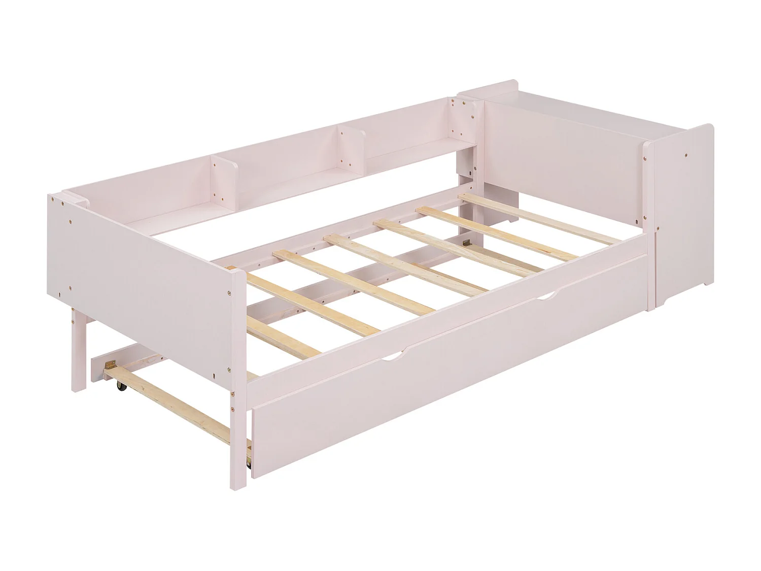 Cama nido 90x200cm+90x180cm, con pequeño escritorio, tres estantes en el lateral de la cama, rosa