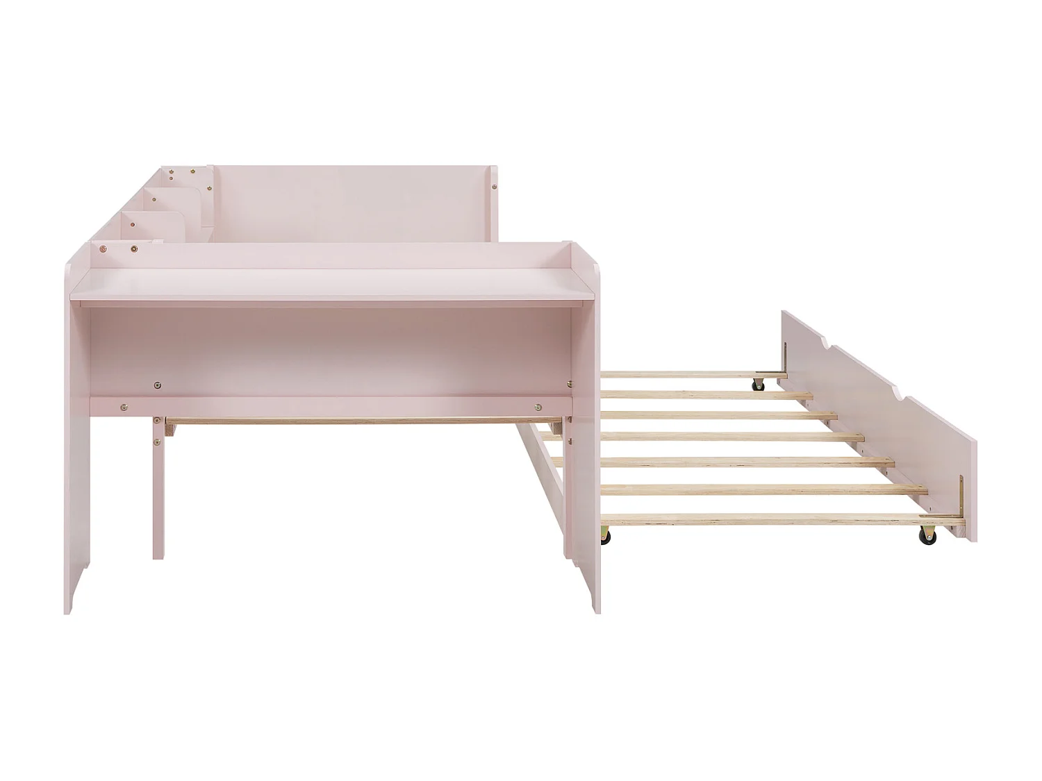 Cama nido 90x200cm+90x180cm, con pequeño escritorio, tres estantes en el lateral de la cama, rosa