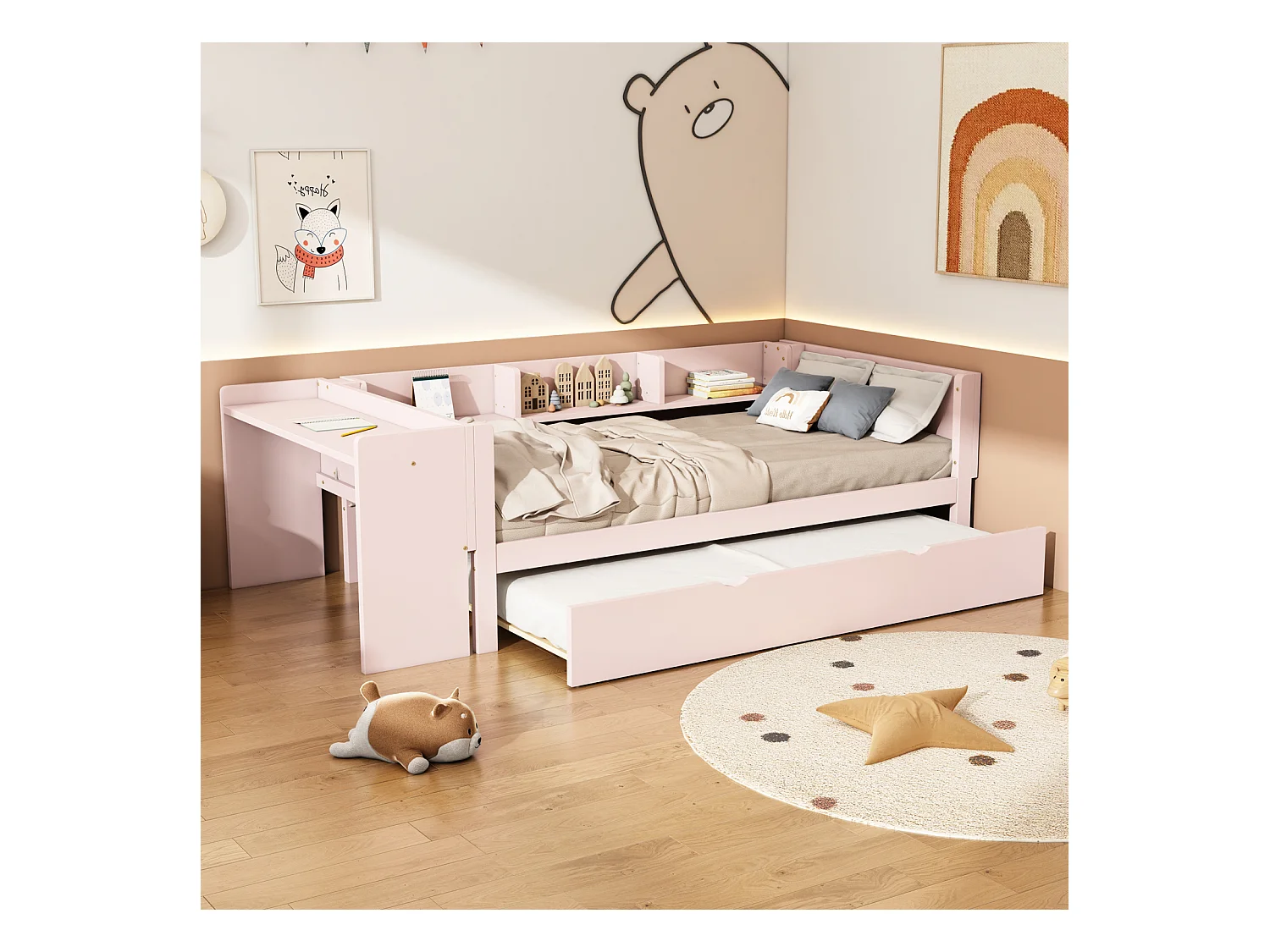 Lit gigogne 90x200cm+90x180cm, avec petit bureau, trois étagères sur le côté du lit, rose