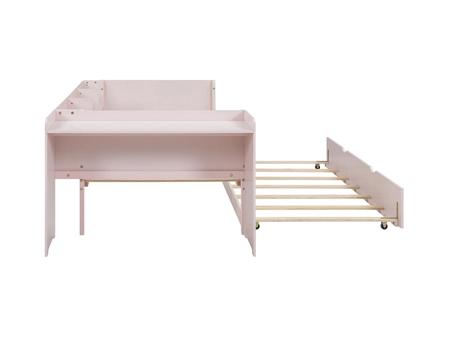Lit gigogne 90x200cm+90x180cm, avec petit bureau, trois étagères sur le côté du lit, rose