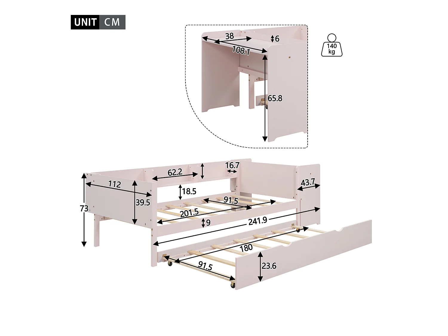 Lit gigogne 90x200cm+90x180cm, avec petit bureau, trois étagères sur le côté du lit, rose