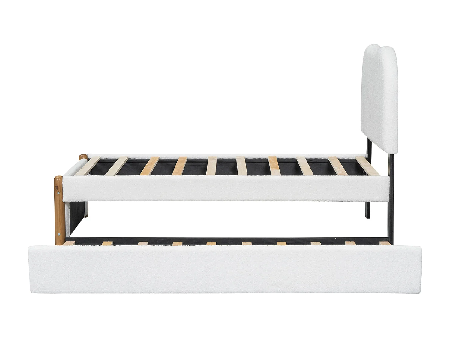 Uitschuifbed 90x200cm+90x190cm, gestoffeerd vlak bed met lattenbodem en hoofdbord, pluche stof, wit