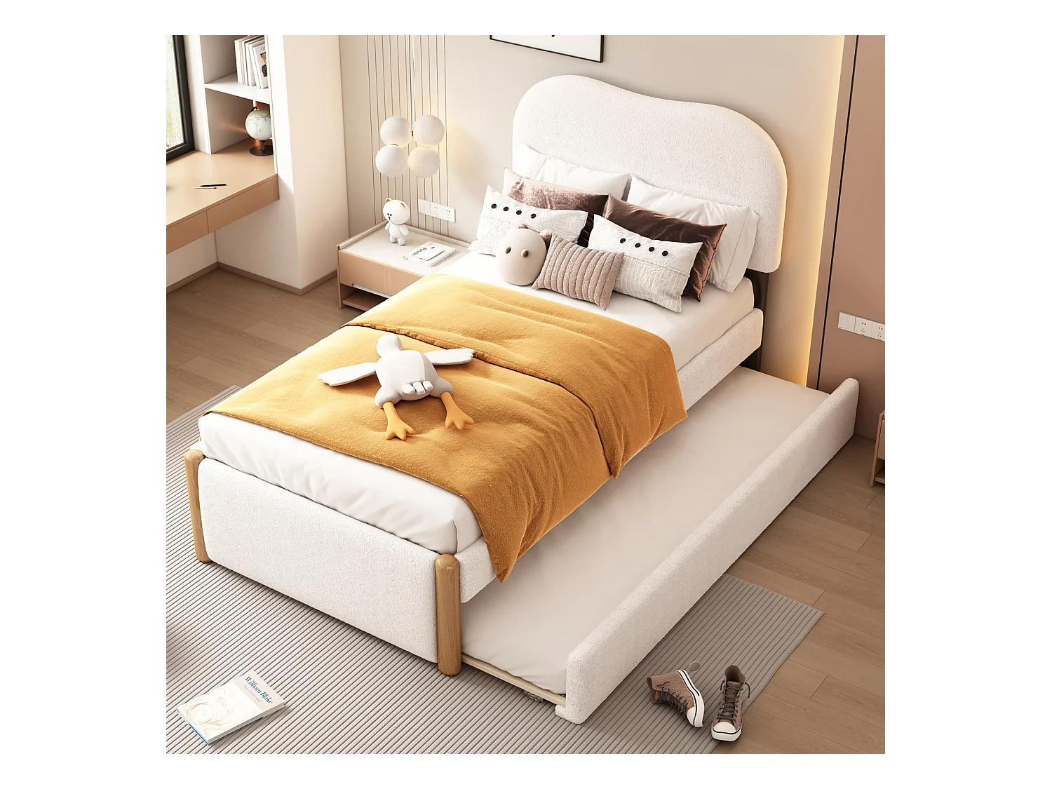 Lit gigogne 90x200cm+90x190cm, lit plat rembourré avec sommier à lattes et tête de lit, tissu peluche, blanc