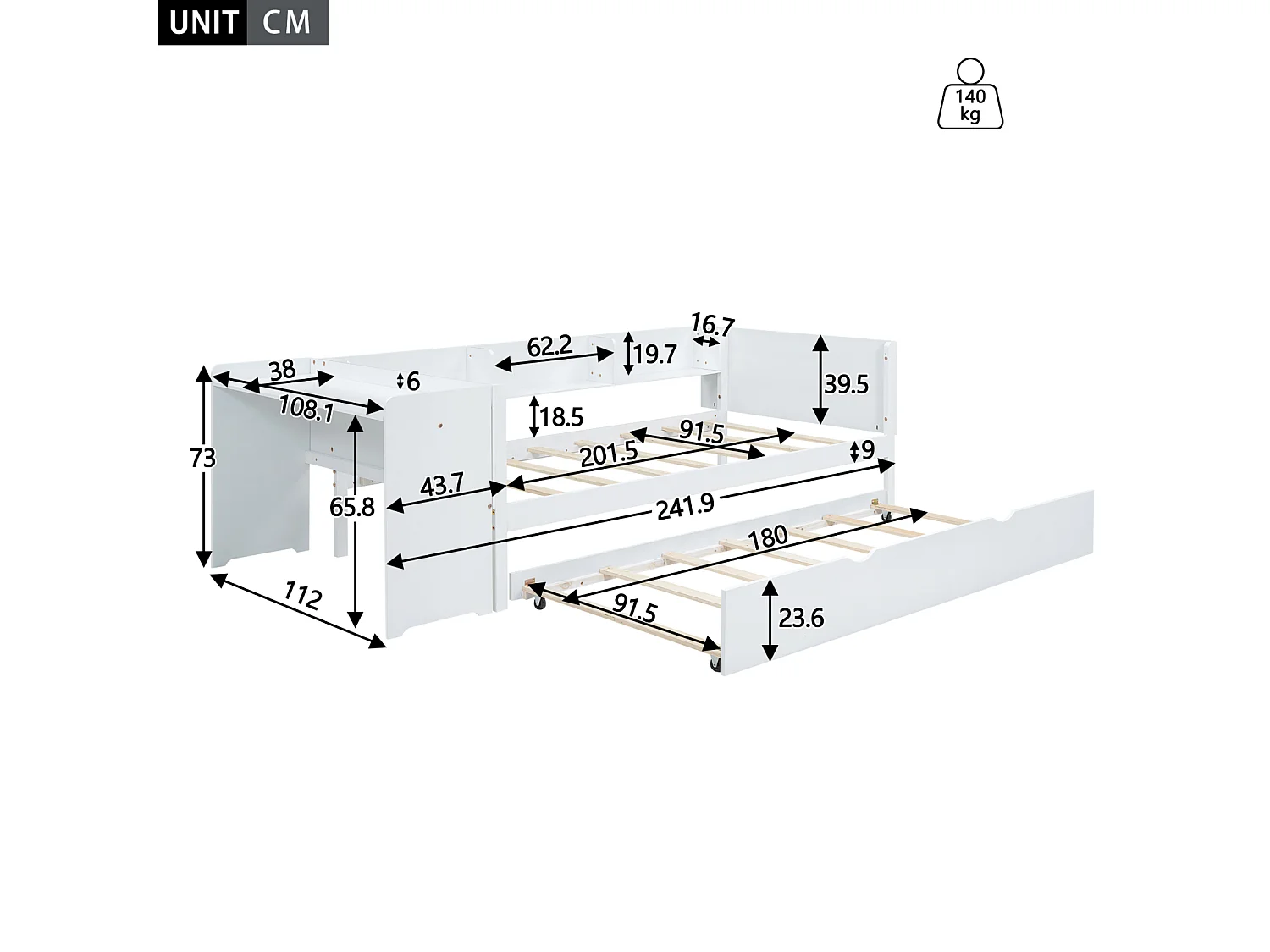 Lit gigogne 90x200cm+90x180cm, avec petit bureau, trois étagères sur le côté du lit, blanc