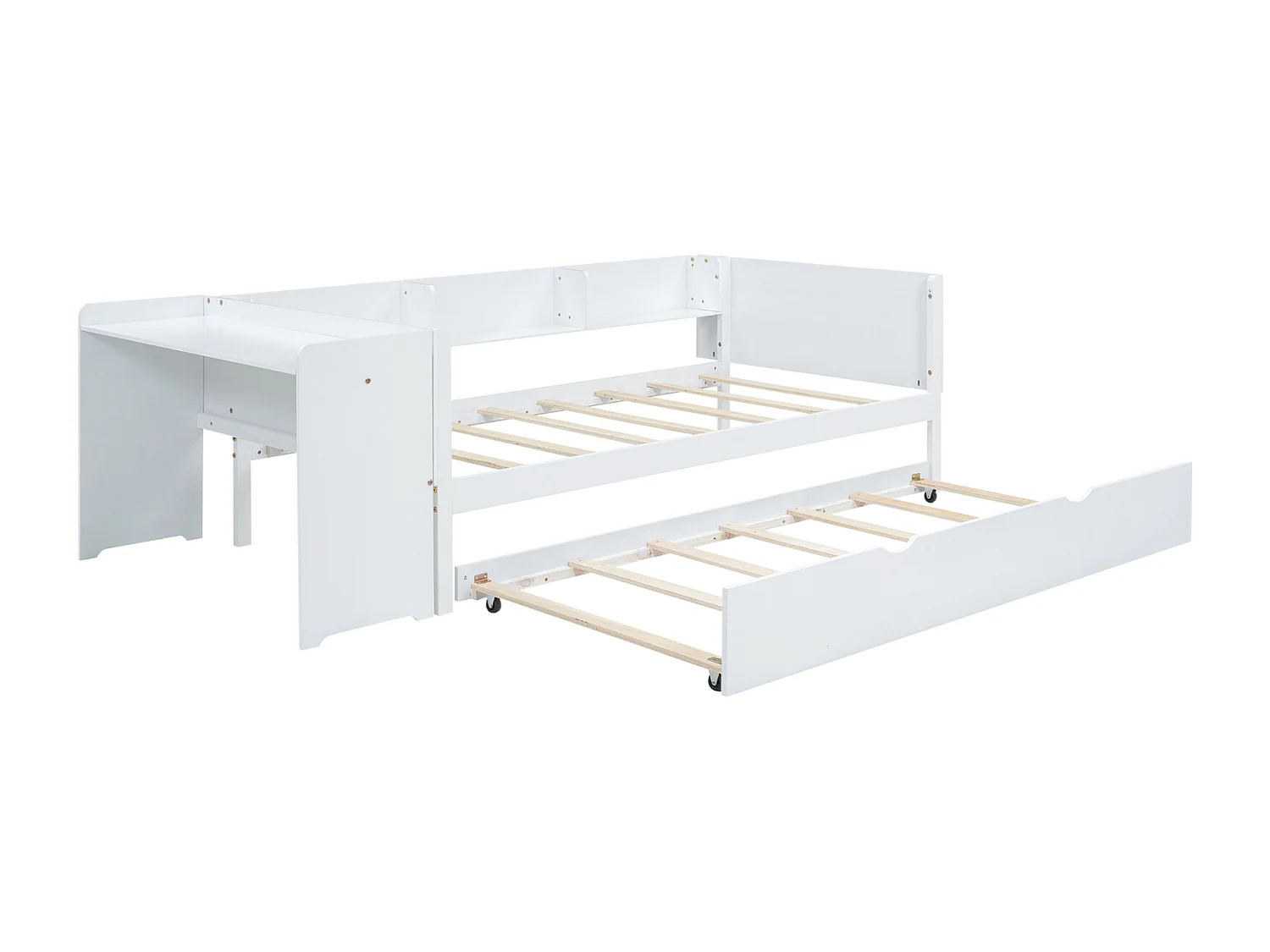 Lit gigogne 90x200cm+90x180cm, avec petit bureau, trois étagères sur le côté du lit, blanc