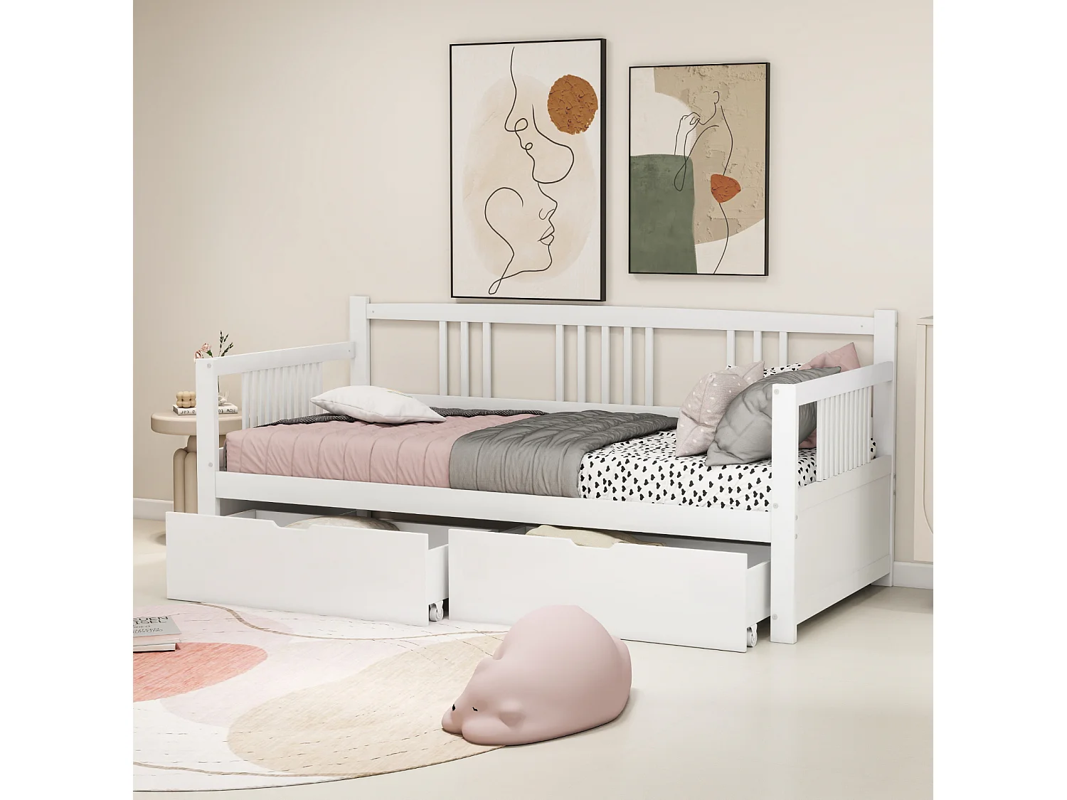 Sofá cama individual 90 x 200 cm con 2 cajones, madera maciza, blanco, sin colchón