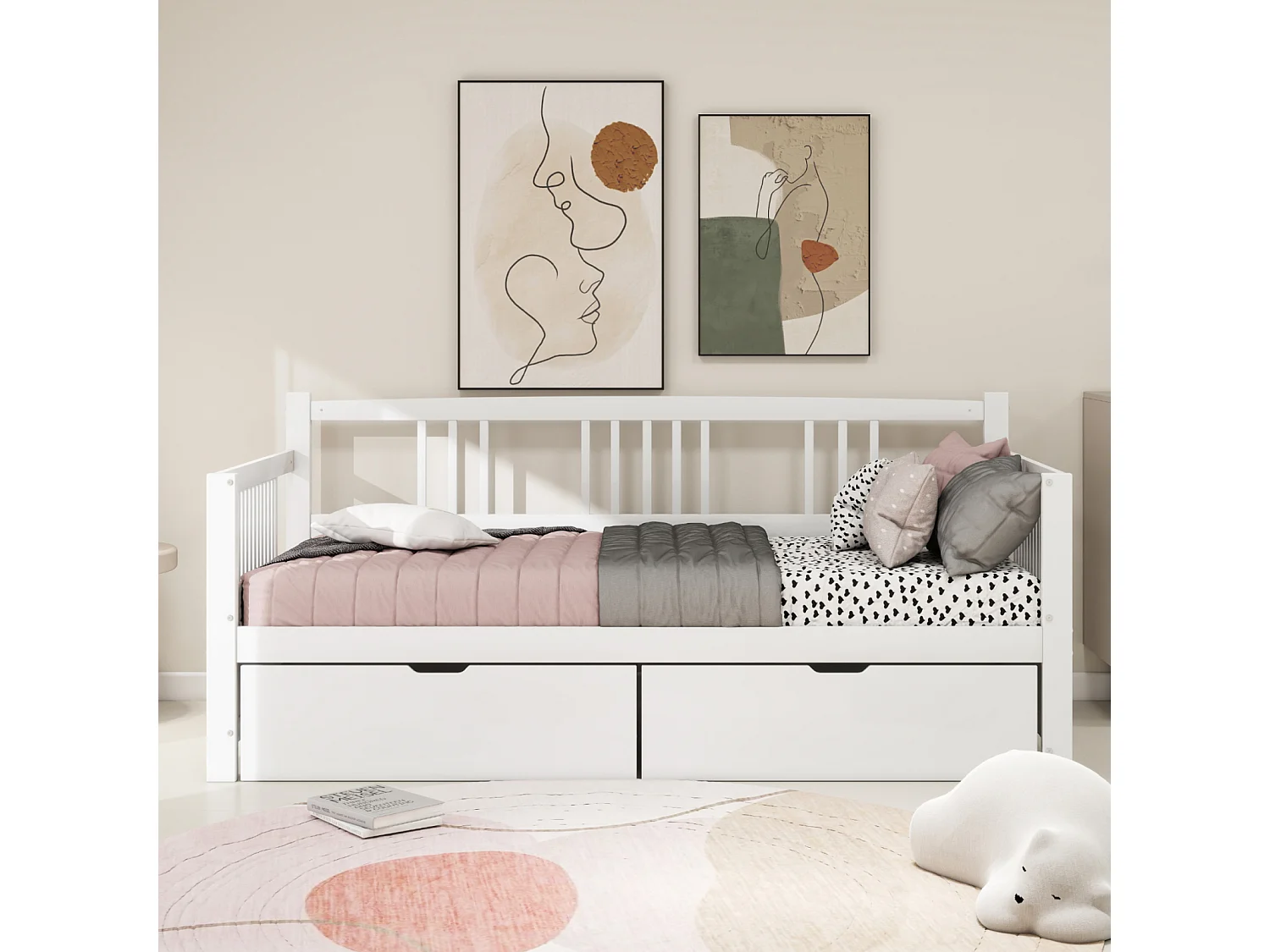 Sofá cama individual 90 x 200 cm con 2 cajones, madera maciza, blanco, sin colchón