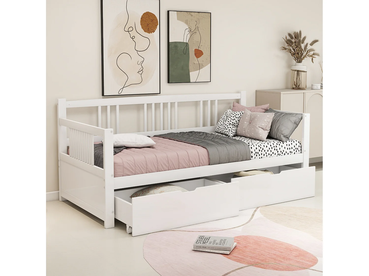 Sofá cama individual 90 x 200 cm con 2 cajones, madera maciza, blanco, sin colchón