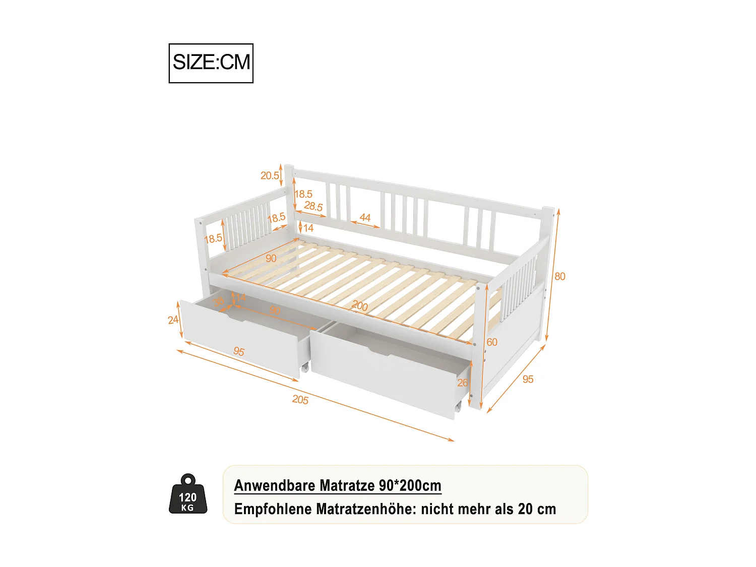 Sofá cama individual 90 x 200 cm con 2 cajones, madera maciza, blanco, sin colchón