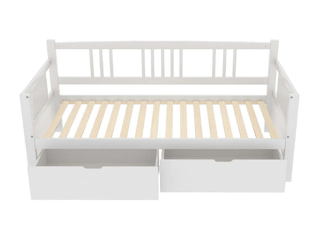 Sofá cama individual 90 x 200 cm con 2 cajones, madera maciza, blanco, sin colchón