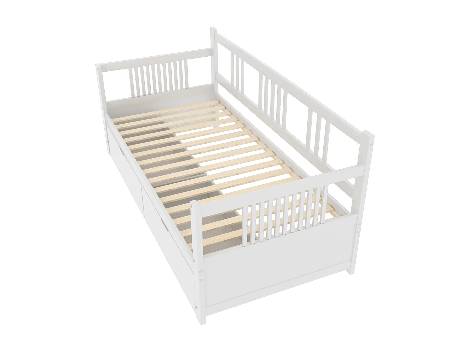 Sofá cama individual 90 x 200 cm con 2 cajones, madera maciza, blanco, sin colchón