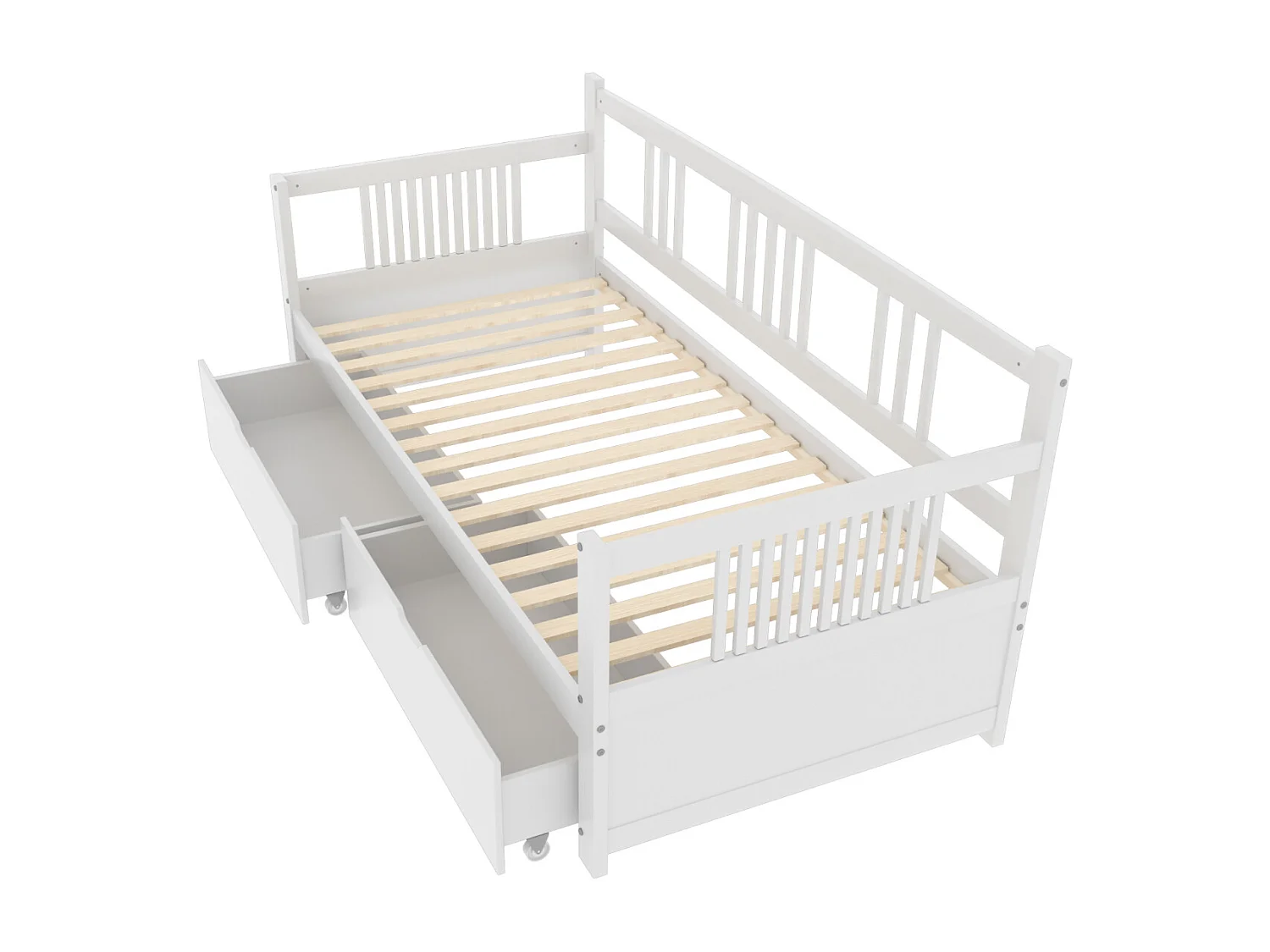 Sofá cama individual 90 x 200 cm con 2 cajones, madera maciza, blanco, sin colchón
