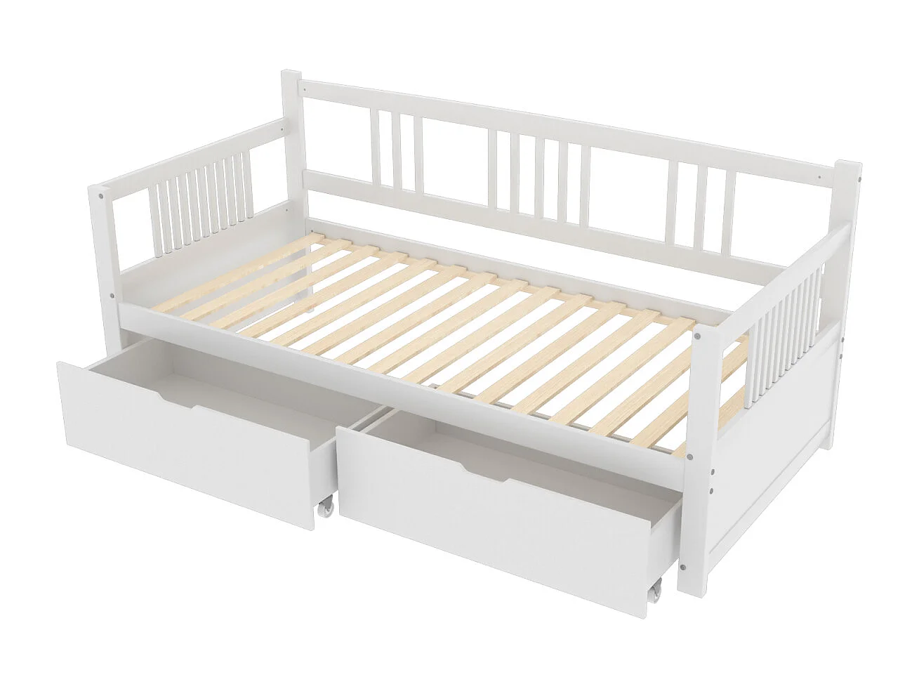 Sofá cama individual 90 x 200 cm con 2 cajones, madera maciza, blanco, sin colchón