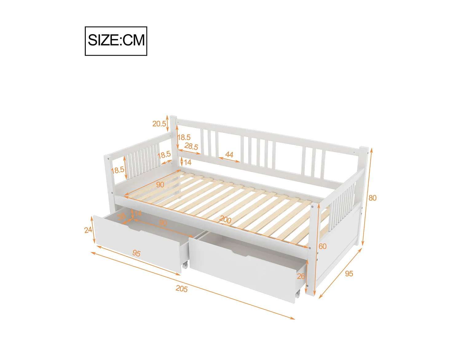 Sofá cama individual 90 x 200 cm con 2 cajones, madera maciza, blanco, sin colchón