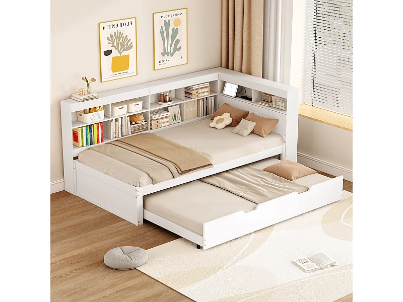 Lit gigogne 90x200cm+90x190cm - cadre en bois massif avec sommier à lattes, prise USB et plusieurs rangements, blanc