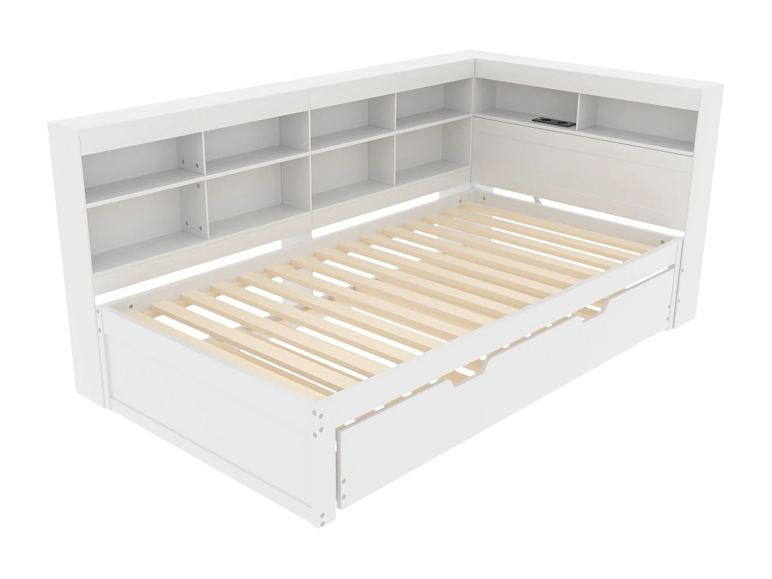 Lit gigogne 90x200cm+90x190cm - cadre en bois massif avec sommier à lattes, prise USB et plusieurs rangements, blanc