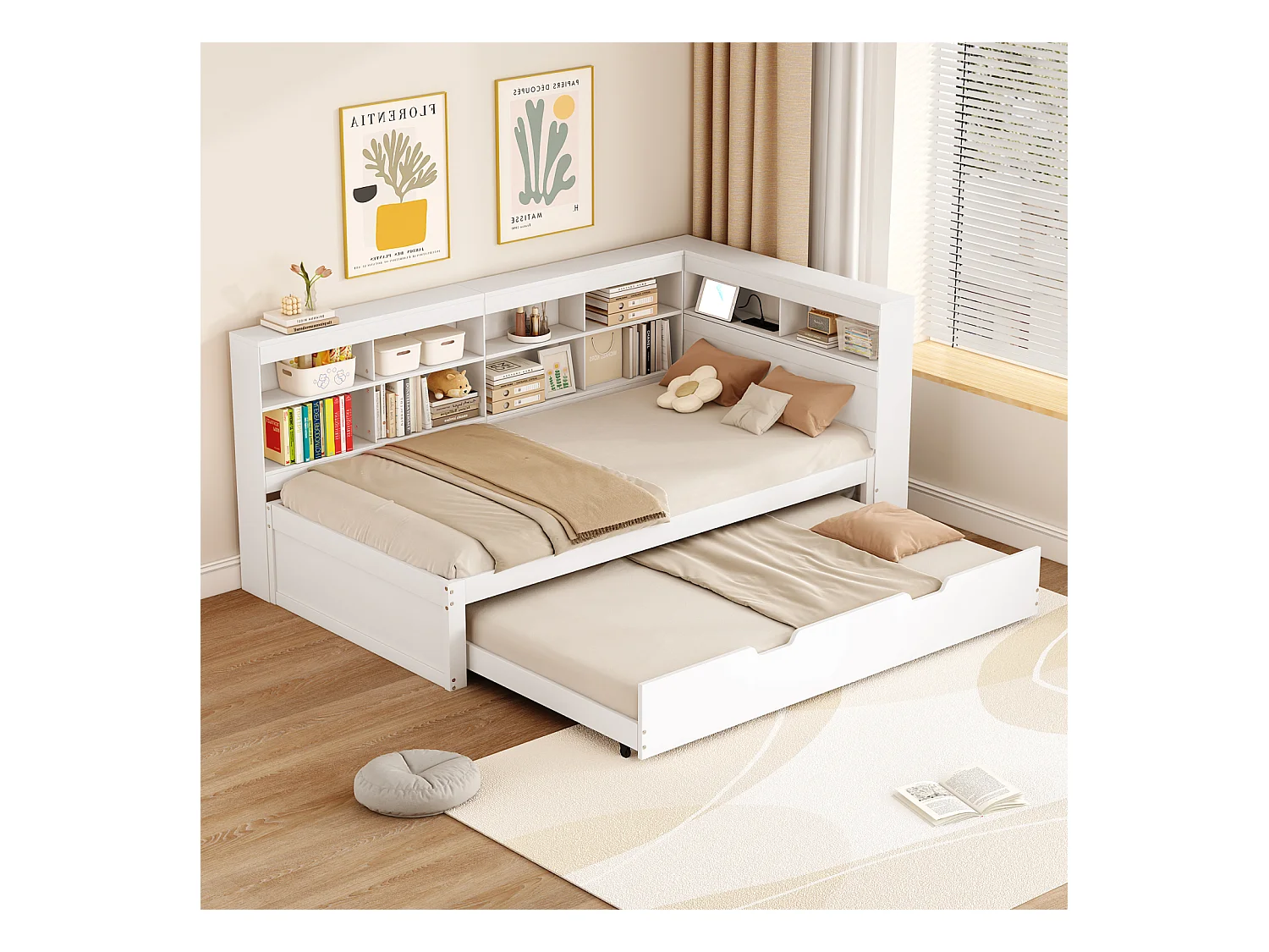 Lit gigogne 90x200cm+90x190cm - cadre en bois massif avec sommier à lattes, prise USB et plusieurs rangements, blanc