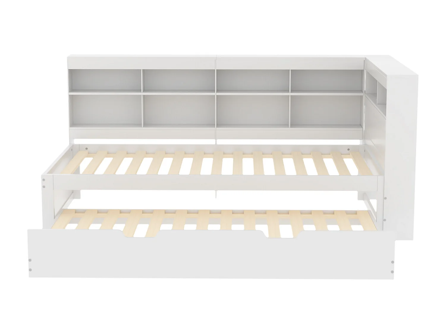 Lit gigogne 90x200cm+90x190cm - cadre en bois massif avec sommier à lattes, prise USB et plusieurs rangements, blanc