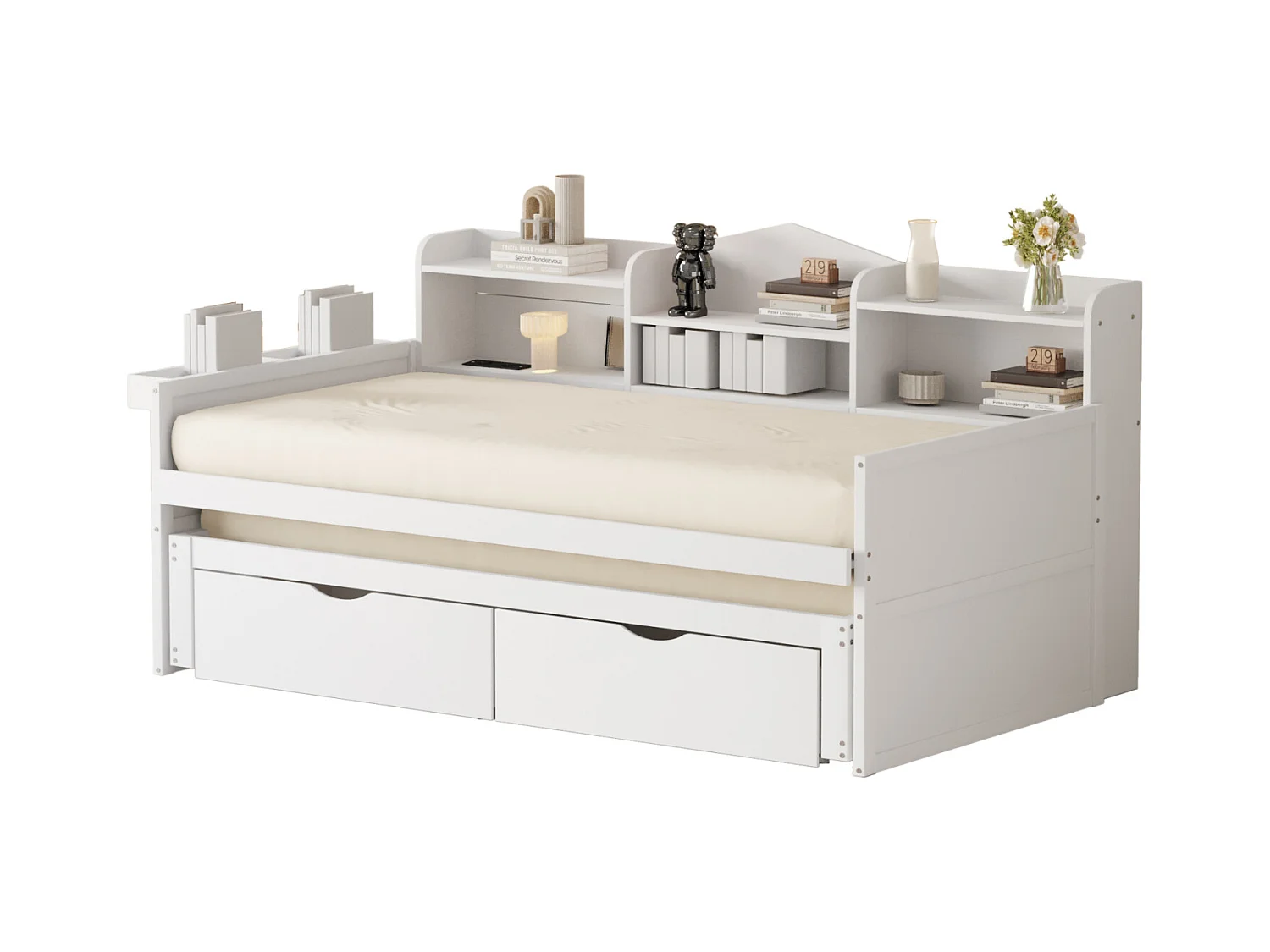 Lit gigogne 90x200cm+90x190cm - cadre en bois massif avec sommier à lattes, prise USB, étagères et 2 tirois, blanc